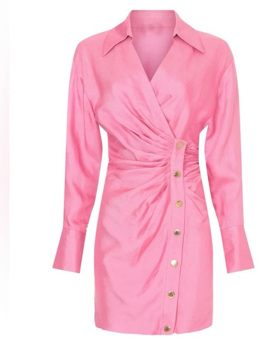 Sandro Pink Ruched Wrap-Front Long Sleeve Dress With Gold Buttons